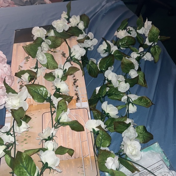 One white arch comes with pink kissing ball and 2 6 foot white flower garland.